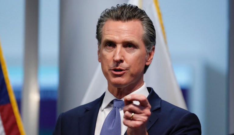 California Gov. Gavin Newsom updates the state's response to the coronavirus, at the Governor's Office of Emergency Services in Rancho Cordova Calif., Tuesday, March 17, 2020.