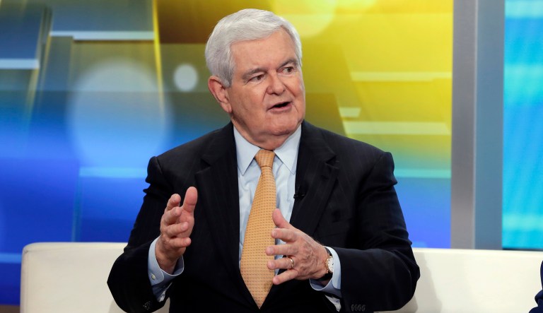 Former Speaker of the House Newt Gingrich is interviewed on the "Fox & Friends" television program, in New York on Thursday, May 24, 2018.