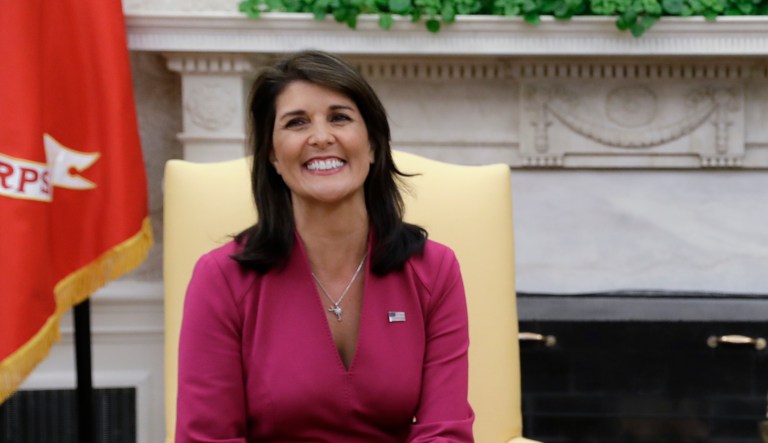 President Donald Trump meets with outgoing U.S. Ambassador to the United Nations Nikki Haley in the Oval Office of the White House, Tuesday, Oc. 9, 2018, in Washington.