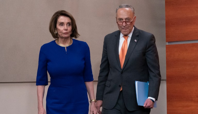Speaker of the House Nancy Pelosi, D-Calif., left, and Senate Minority Leader Chuck Schumer, D-N.Y., arrive to inform reporters about their failed meeting with President Donald Trump at the White House on infrastructure, at the Capitol in Washington, Wednesday, May 22, 2019. 