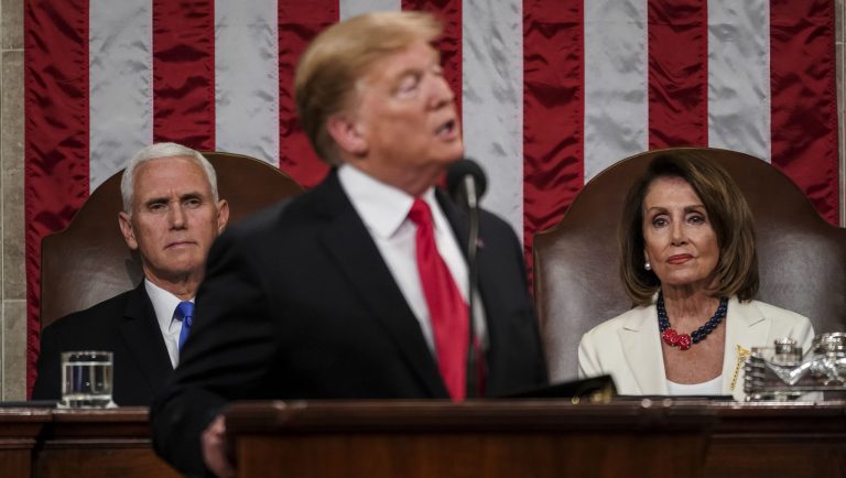 President Donald Trump gives his State of the Union address to a joint session of Congress, Tuesday, Feb. 5, 2019 at the Capitol in Washington, as Vice President Mike Pence, left, and House Speaker Nancy Pelosi look on. 
