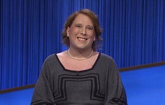 This image provided by Jeopardy Productions, Inc. shows game show champion Amy Schneider on the set of 