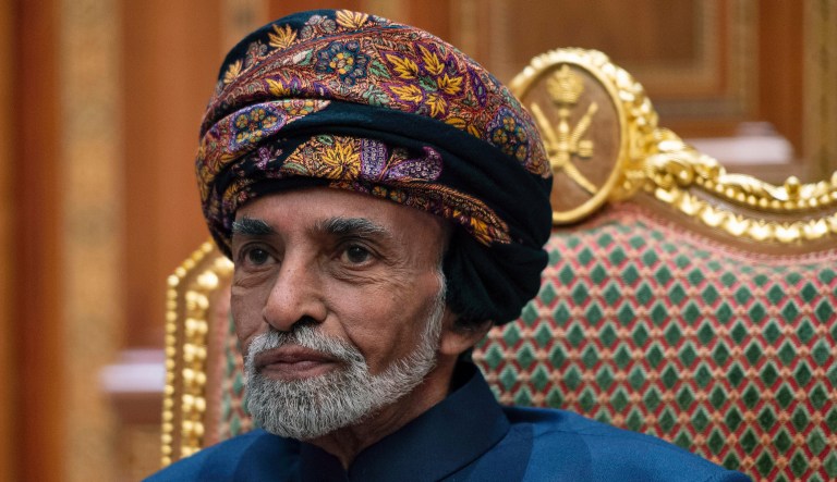 Sultan of Oman Qaboos bin Said al-Said sits during a meeting with the US secretary of state at the Beit Al Baraka Royal Palace in Muscat on January 14, 2019.