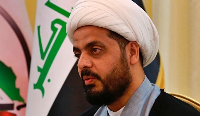 Qais al-Khazali, the leader of the militant Shiite group Asaib Ahl al-Haq, or League of the Righteous, speaks during an interview with The Associated Press in Baghdad, Iraq, Monday, Jan. 28, 2019. Al-Khazali says there is no longer a justification for thousands of U.S. troops in the country after the Islamic State group has been defeated.