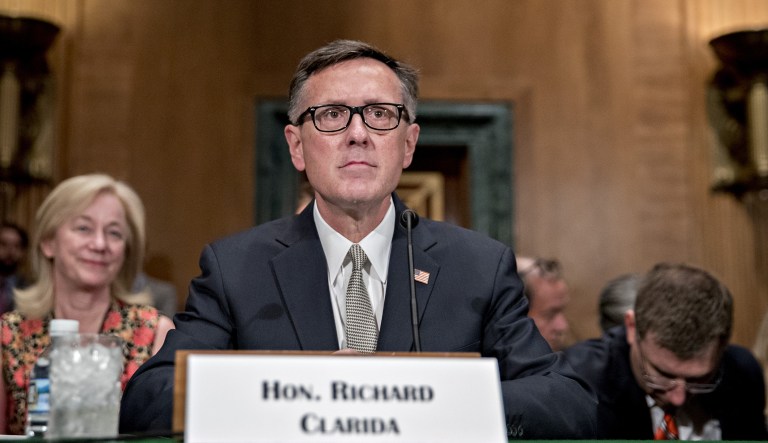 Richard Clarida, vice chairman of the U.S. Federal Reserve nominee for U.S. President Donald Trump, waits to begin a Senate Banking Committee confirmation hearing in Washington, D.C., U.S., on Tuesday, May 15, 2018. Clarida told U.S. lawmakers he would support policies that take a balanced approach to achieving the Feds goals of maximum employment and price stability.