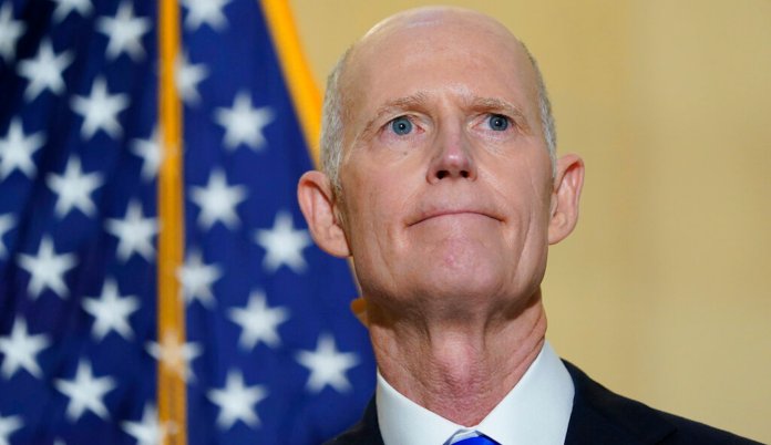 Sen. Rick Scott (R-FL) questions FBI Director Christopher Wray during a Senate Homeland Security Committee hearing on Capitol Hill in Washington, Tuesday, Nov. 5, 2019. 