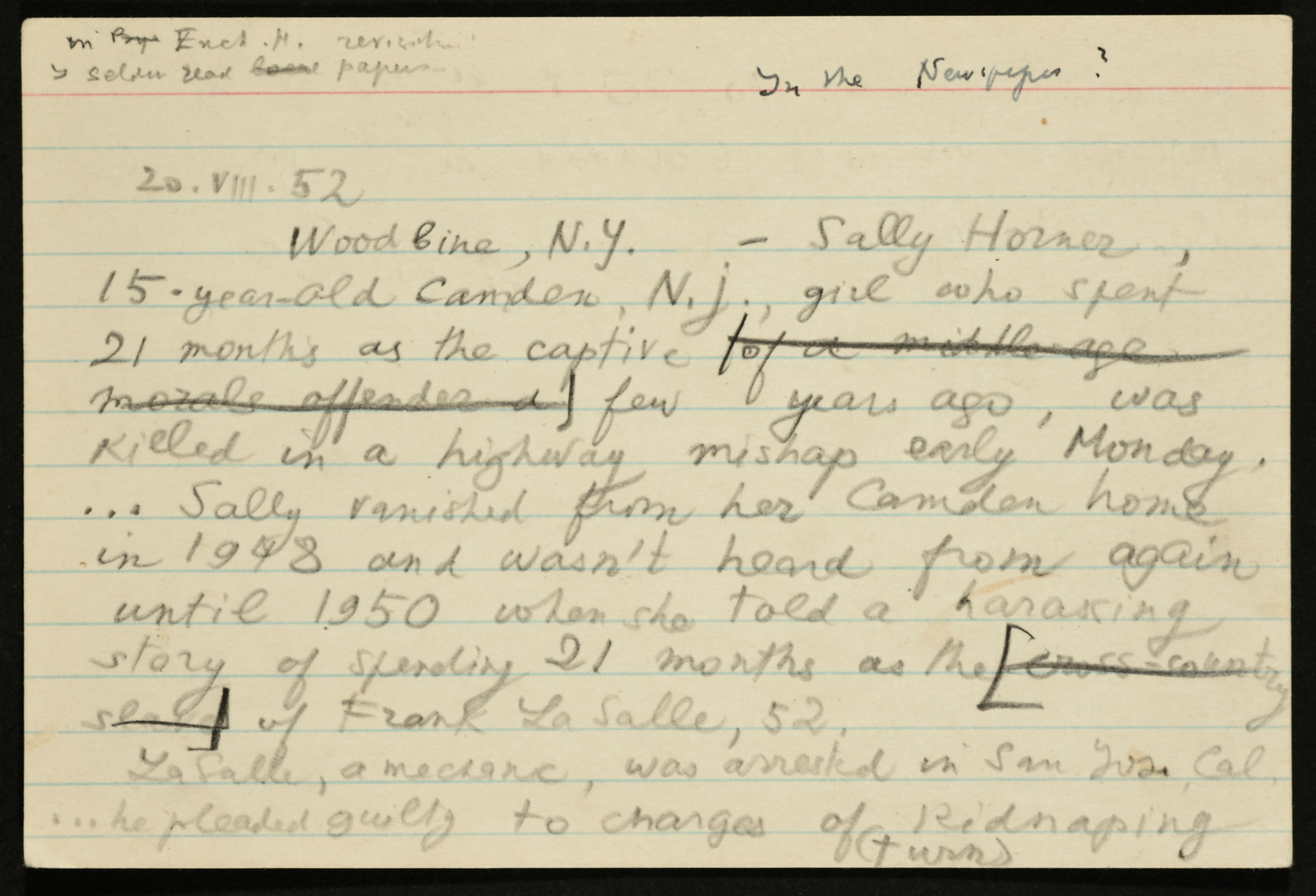 Nabokov transcribed the AP account of Sally Horner’s death onto one of his many note cards.