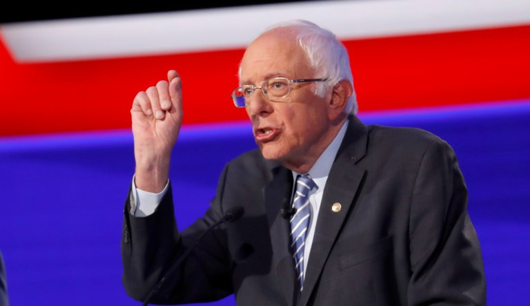 Democratic presidential candidate Sen. Bernie Sanders, I-Vt., participates in a Democratic presidential primary debate hosted by CNN/New York Times at Otterbein University, Tuesday, Oct. 15, 2019, in Westerville, Ohio.