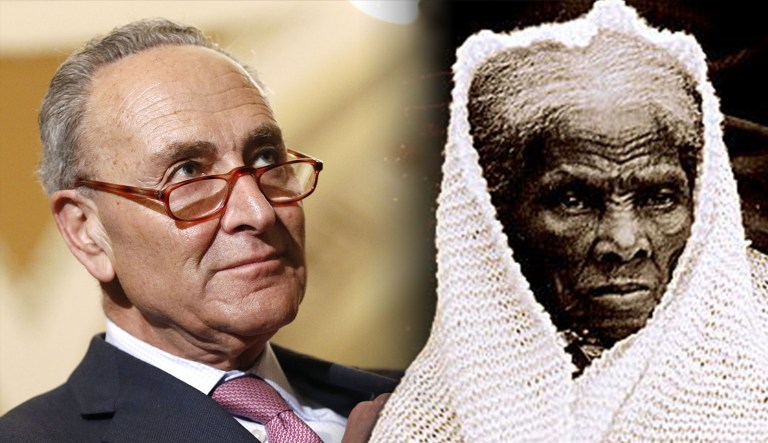 Sen. Chuck Schumer is on the left; Harriet Tubman is shown on the right.