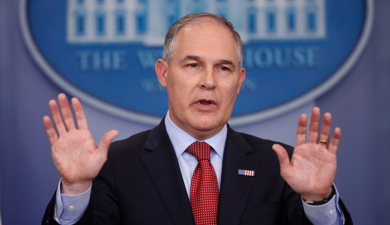 FILE - In this June 2, 2017, file photo, Environmental Protection Agency Administrator Scott Pruitt speaks to the media during the daily briefing in the Brady Press Briefing Room of the White House in Washington. An ethics watchdog group on Thursday, July 27, 2017, filed a complaint asking for an investigation into Pruitt's frequent flights to his home state of Oklahoma at taxpayer expense.