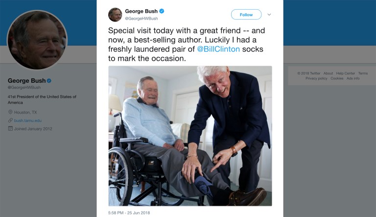 George HW Bush sports Bill Clinton socks while catching up with his ‘great friend’