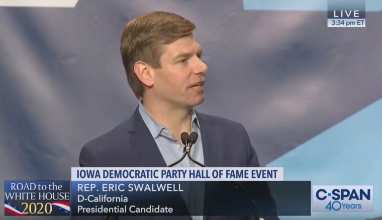 WATCH: Rep. Eric Swalwell’s applause line met with deafening silence in Iowa