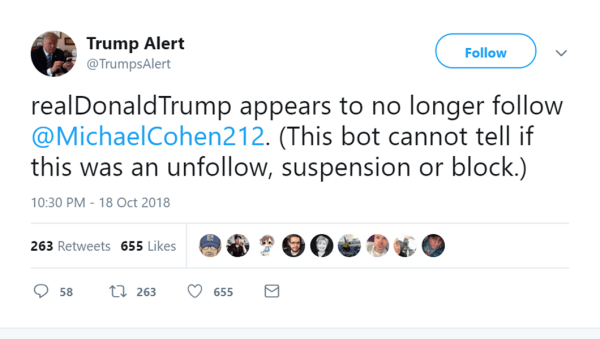 Bad blood: Twitter bot reports Trump has unfollowed Cohen