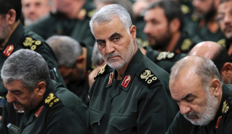 Posters of slain Iranian Revolutionary Guard Gen. Qassem Soleimani are placed on chairs as supporters of Hezbollah leader Sayyed Hassan Nasrallah gather for his televised speech in a southern suburb of Beirut, Lebanon, Sunday, Jan. 5, 2020 following the U.S. airstrike in Iraq that killed Soleimani. The posters read: "Sayyad of martyrs in the axis of resistance. The martyr Hajj Qassem Soleimani."