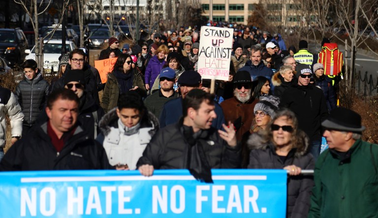 Over 25 thousand protestors marched together from Foley Square over the Brooklyn Bridge, concluding their rally against anti-Semitism at Cadman Plaza, Sunday, Dec. 5, 2020 in Brooklyn, New York.