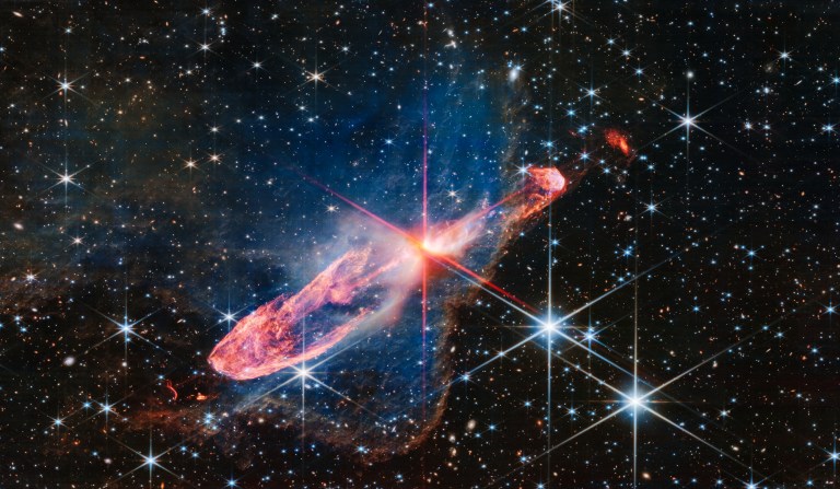 NASAâs James Webb Space Telescope captures a tightly bound pair of actively forming stars, known as Herbig-Haro 46/47, in high-resolution near-infrared light.