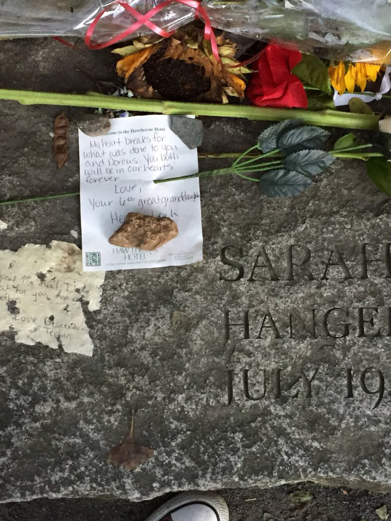 A note left on the Sarah Good bench at the Salem Witch Trials Memorial.