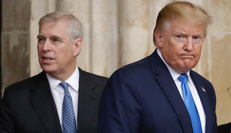 President Donald Trump and first lady Melania Trump accompanied by John Hall, the Dean of Westminster, right, and Britain's Prince Andrew leave after a tour of Westminster Abbey in London, Monday, June 3, 2019 on the opening day of a three day state visit to Britain.