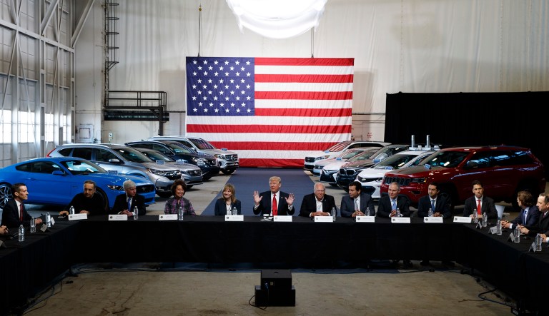 President Donald Trump hosts a roundtable discussion at the American Center of Mobility, Wednesday, March 15, 2017, in Ypsilanti Township, Mich.
