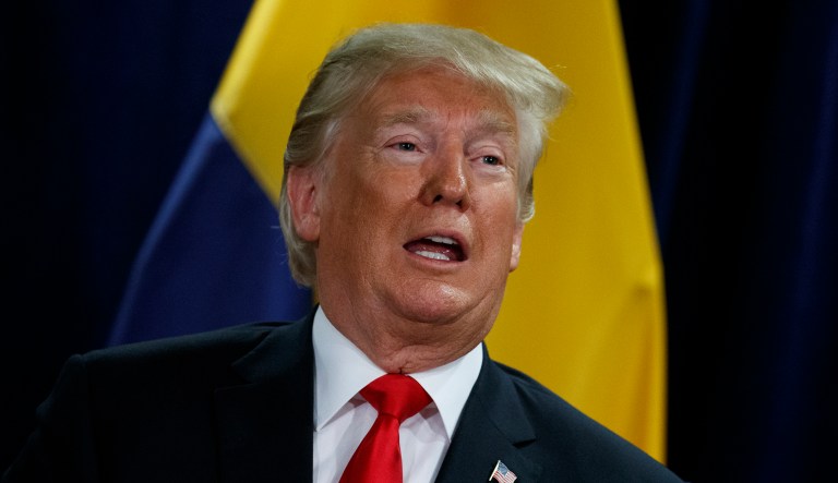 President Donald Trump answers a reporters question about Supreme Court Justice nominee Brett Kavanaugh during a meeting with Colombian President Ivan Duque at the United Nations General Assembly, Tuesday, Sept. 25, 2018, at U.N. Headquarters.