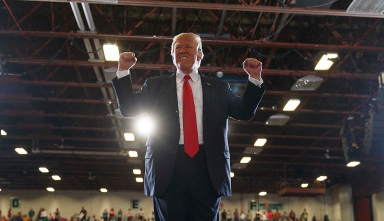 President Donald Trump reacts to the cheering crowd as he leaves a rally at the Four Seasons Arena at Montana ExpoPark, Thursday, July 5, 2018, in Great Falls, Mont., in support of Rep. Greg Gianforte, R-Mont., and GOP Senate candidate Matt Rosendale.