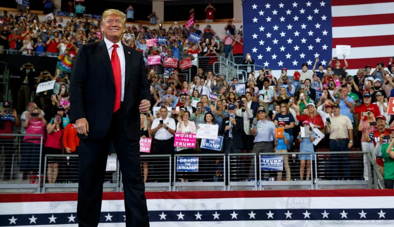 President Donald Trump arrives to speak at a campaign rally at Erie Insurance Arena, Wednesday, Oct. 10, 2018, in Erie, Pa. 