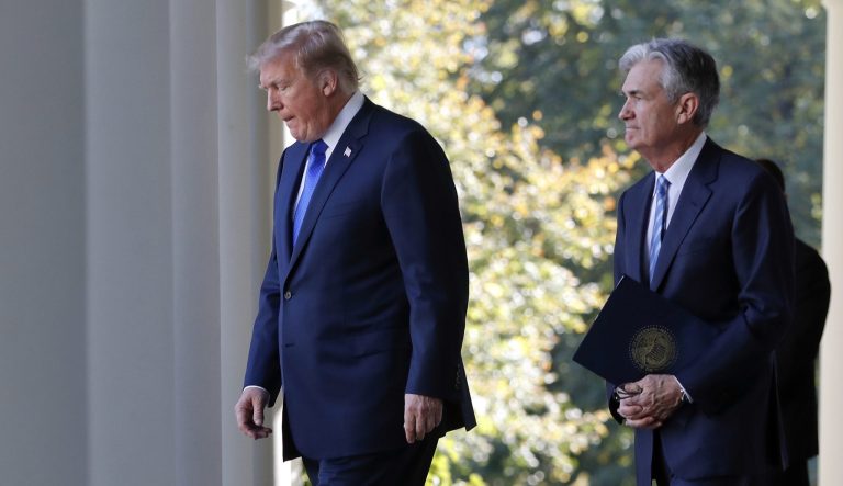 President Trump walks with Federal Reserve Board Member Jerome Powell before announcing him as his nominee for the next chairman of the Federal Reserve in the Rose Garden of the White House in Washington, Thursday, Nov. 2, 2017.