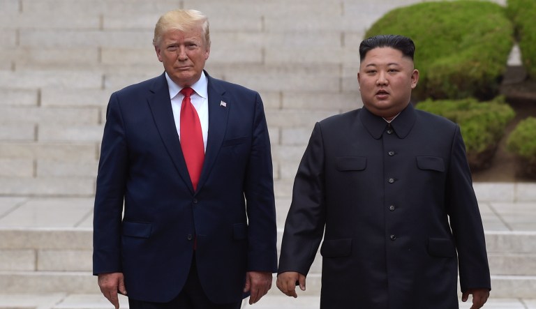 In this June 30, 2019, file photo, U.S. President Donald Trump, left, meets with North Korean leader Kim Jong Un at the North Korean side of the border at the village of Panmunjom in Demilitarized Zone.