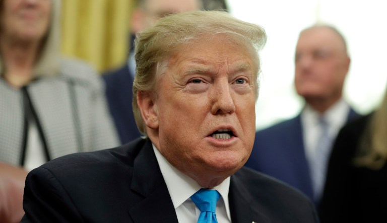 President Donald Trump speaks during a signing ceremony for "Space Policy Directive 4" in the Oval Office of the White House, Tuesday, Feb. 19, 2019, in Washington.