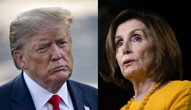 In this photo released by the White House, President Donald Trump, center right, meets with House Speaker Nancy Pelosi, standing left, Congressional leadership and others, Wednesday, Oct. 16, 2019, in the Cabinet Room of the White House in Washington.