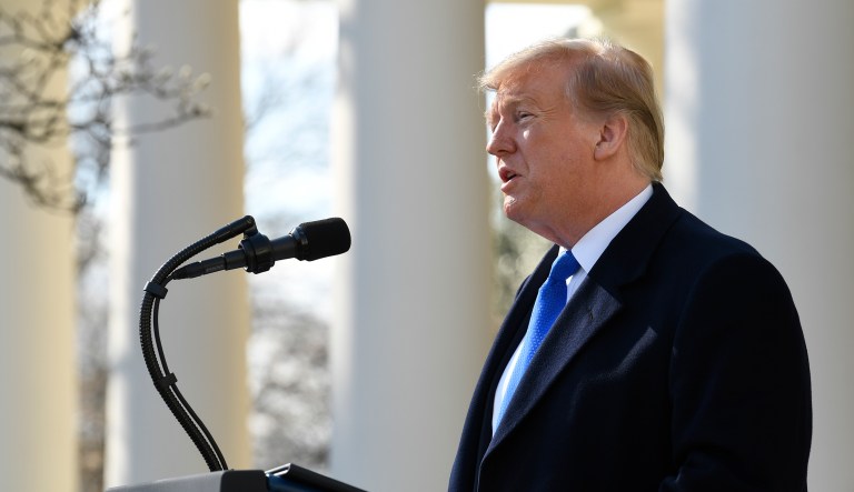 President Donald Trump speaks during an event in the Rose Garden at the White House in Washington, Friday, Feb. 15, 2019, to declare a national emergency in order to build a wall along the southern border.