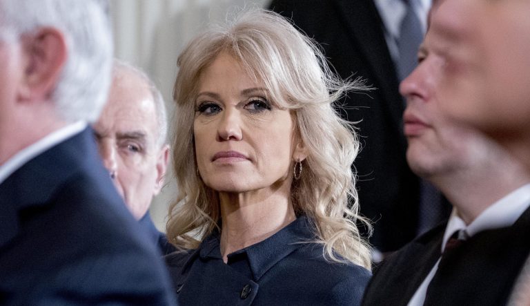 Counselor to the president Kellyanne Conway, center, attends a news conference with President Trump and Swedish Prime Minister Stefan Lofven in the East Room at the White House, Tuesday, March 6, 2018, in Washington. Also pictured is Secretary of State Rex Tillerson, left.