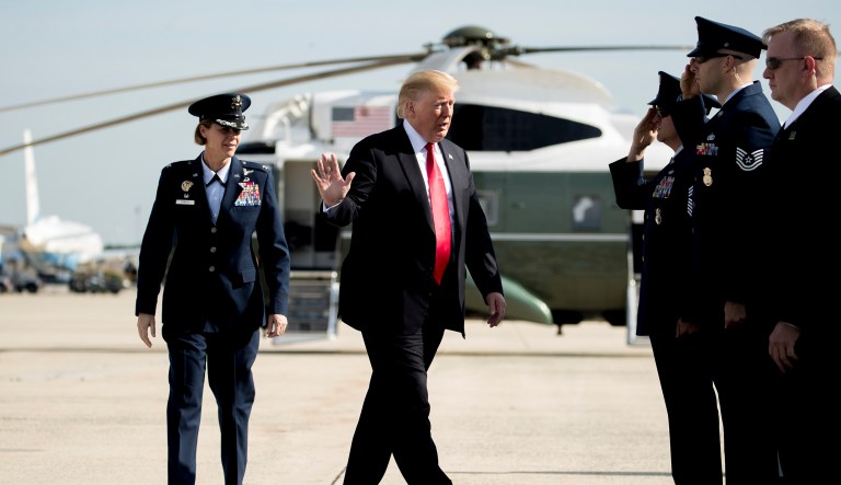President Donald Trump boards Air Force One at Andrews Air Force Base, Md., Thursday, May 30, 2019, to travel to Peterson Air Force Base, Colo., to attend the 2019 United States Air Force Academy Graduation Ceremony United States Air Force Academy.