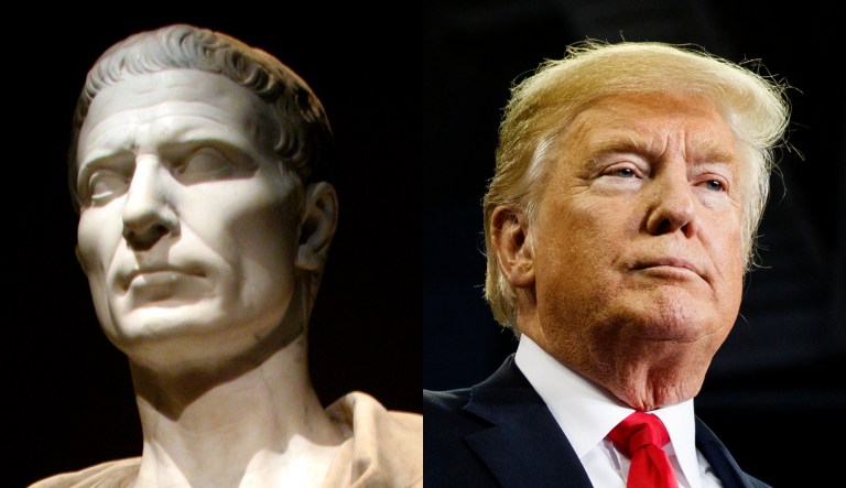 A bust of Julius Caesar is pictured on the left; President Trump is pictured on the right.