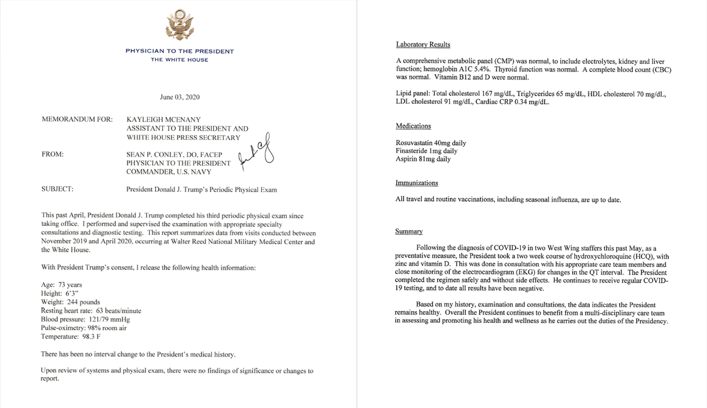 This is a letter from Sean Conley, physician to the U.S. president, about President Trump's health.