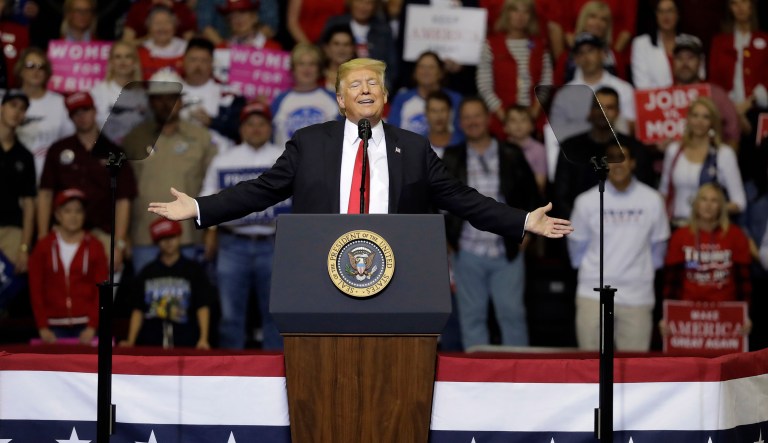 In this Oct. 22, 2018 photo, President Trump speaks during a campaign rally in Houston. Trump was kicking off an 8-state campaign blitz, seeking to shore up Senate Republicans against an onslaught of Democratic surrogates entering the midterm campaign's final weekend.