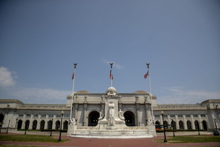 A statue of Christopher Columbus is visible on the Columbus Memorial Fountain in front of Union Station on Monday, July 6, 2020, in Washington.