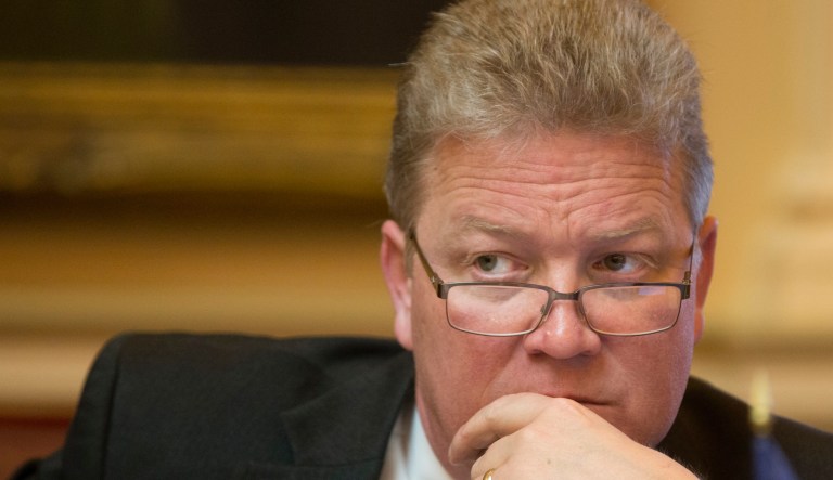 State Sen. Bill Stanley, R-Franklin County, listens to debate on a bill relating to sanctuary cities during the Senate session at the Capitol in Richmond, Va., Wednesday, Feb. 22, 2017. The senate passed the measure.