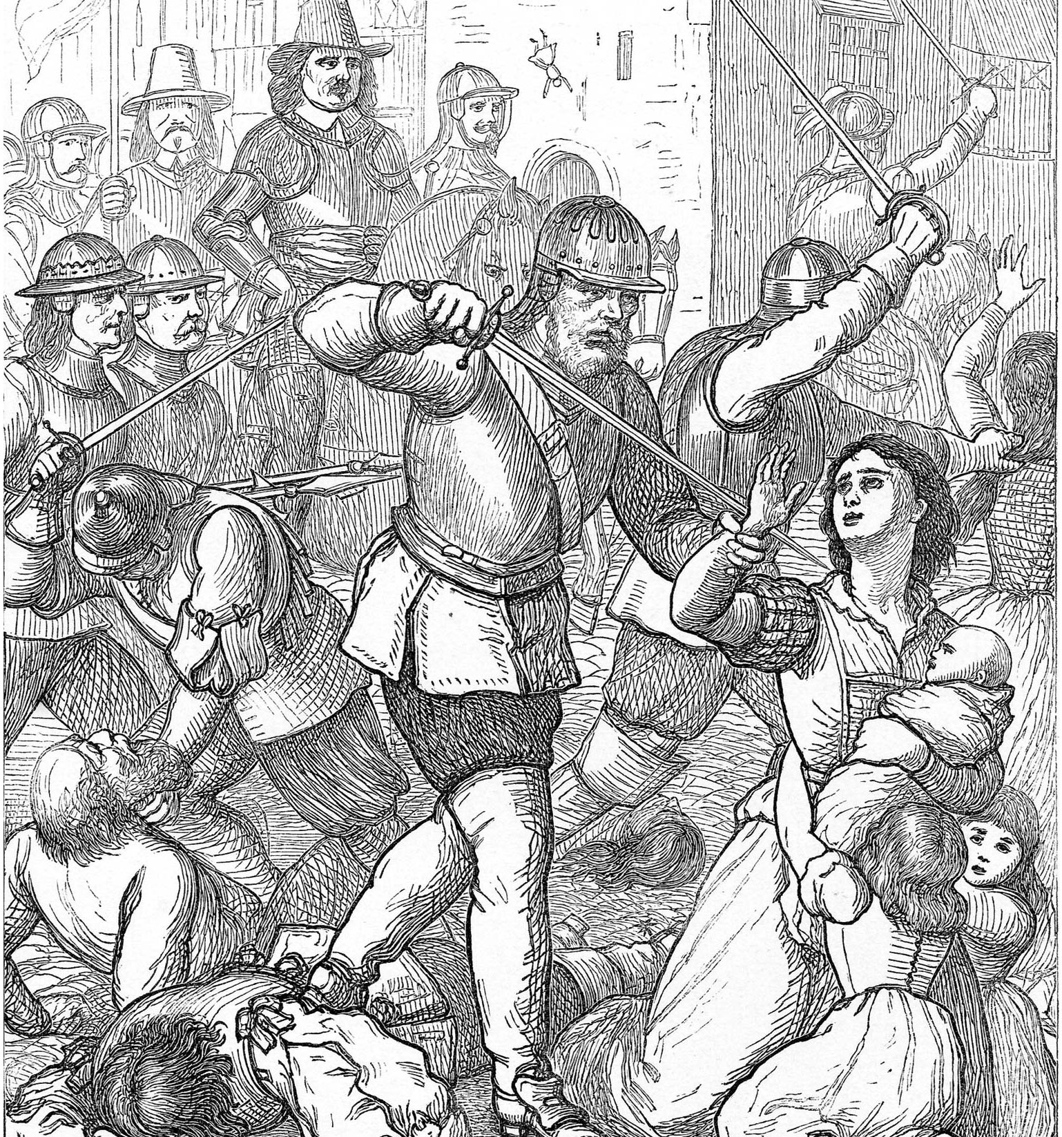 English troops led by Oliver Cromwell defeated Irish forces and massacred civilians at Drogheda in 1649.