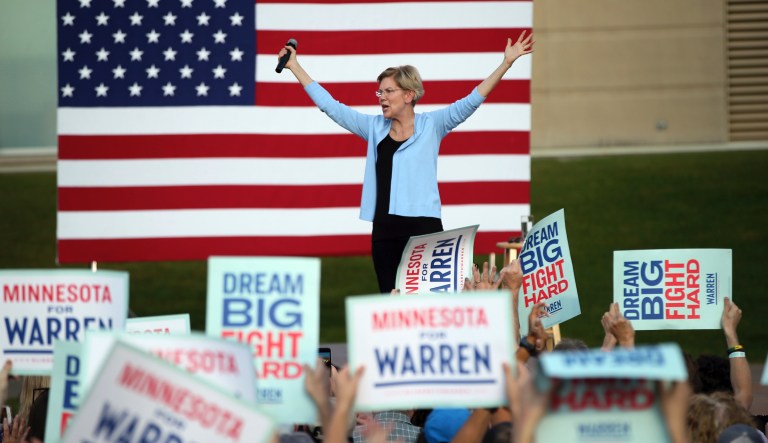 Democratic presidential candidate Elizabeth Warren, D-Mass., speaks during a rally Monday, Aug. 19, 2019 at Macalester College during a campaign appearance in St. Paul, Minn. 