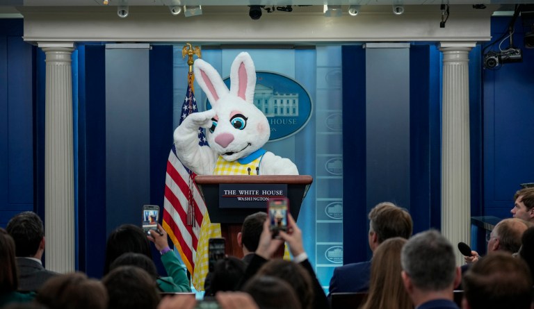 A costumed Easter Bunny makes an appearance at the daily press briefing at the White House on April 10, 2023, in Washington, D.C. 