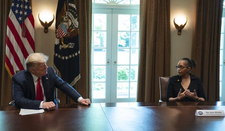 Rep. Karen Whitsett (D-MI) meets with President Donald Trump.