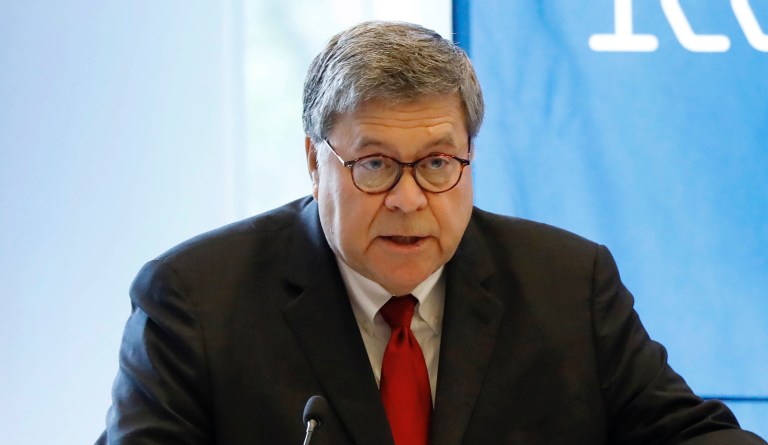 U.S. Attorney General William Barr addresses the International Conference on Cyber Security, hosted by the FBI and Fordham University, at Fordham University in New York, Tuesday, July 23, 2019.