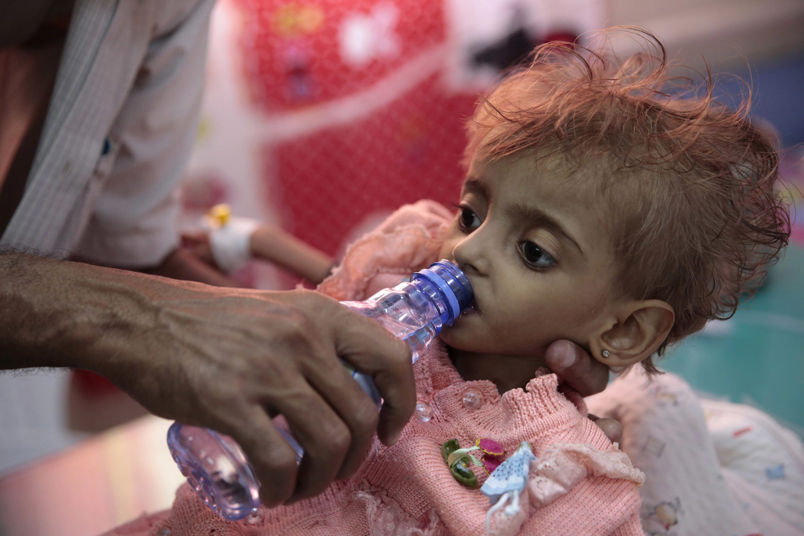 A father gives water to his malnourished daughter at a feeding center in a hospital in Hodeida, Yemen. With US backing, the United Arab Emirates and its Yemeni allies have restarted their all-out assault on Yemen’s port city of Hodeida, aiming to wrest it from rebel hands. Victory here could be a turning point in the 3-year-old civil war, but it could also push the country into outright famine. Already, the fighting has been a catastrophe for civilians on the Red Sea coast. 