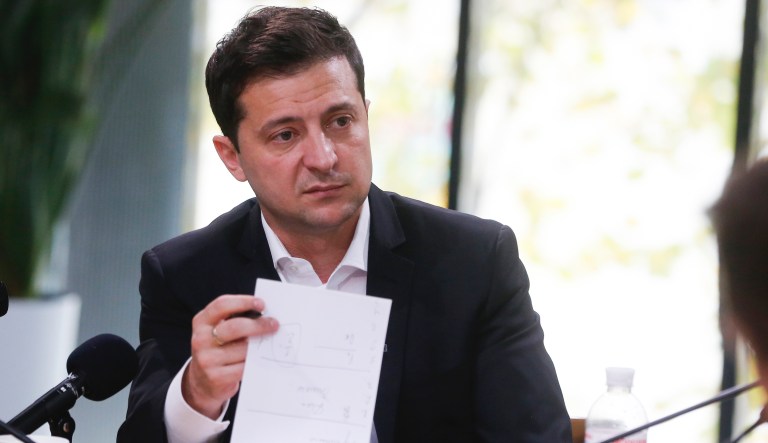 Ukrainian President Volodymyr Zelenskiy speaks during his long time talks with journalists in Kyiv, Ukraine, Thursday, Oct. 10, 2019.  Zelenskiy is giving an all-day "press marathon" amid growing questions about his actions as president.