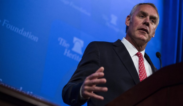 Ryan Zinke, U.S. secretary of interior, speaks during an event at the Heritage Foundation in Washington, D.C., on Friday, Sept. 29, 2017.