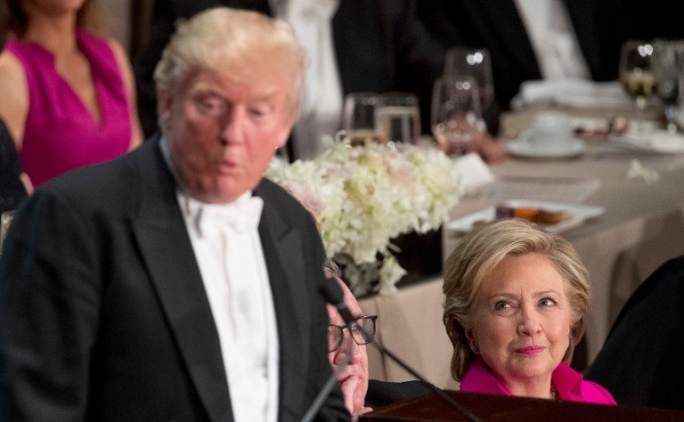 Laughter quickly turned into boos at the annual Al Smith charity dinner Thursday evening as Donald Trump ripped Hillary Clinton for her private email practices and claimed that she hates Catholics. (AP Photo/Andrew Harnik)