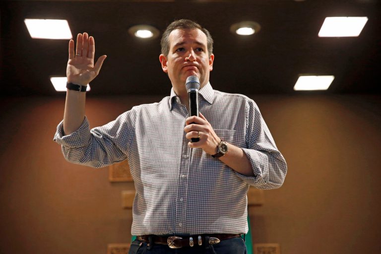 Republican presidential candidate, Sen. Ted Cruz was interrupted minutes after taking the stage at his Second Amendment rally Tuesday by two young men who he mistook for gun control protesters. (AP Photo/Patrick Semansky)