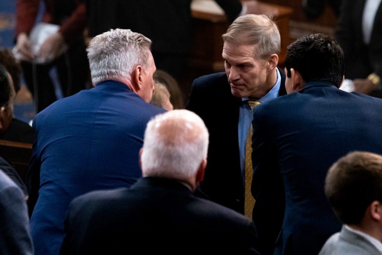 Rep.-elect Jim Jordan speaks with Republican Leader Kevin McCarthy following another round of voting for a new House speaker on the first day of the 118th Congress, Tuesday, January 3, 2023. The House reconvened after failing to elect a speaker Tuesday on three straight ballots.