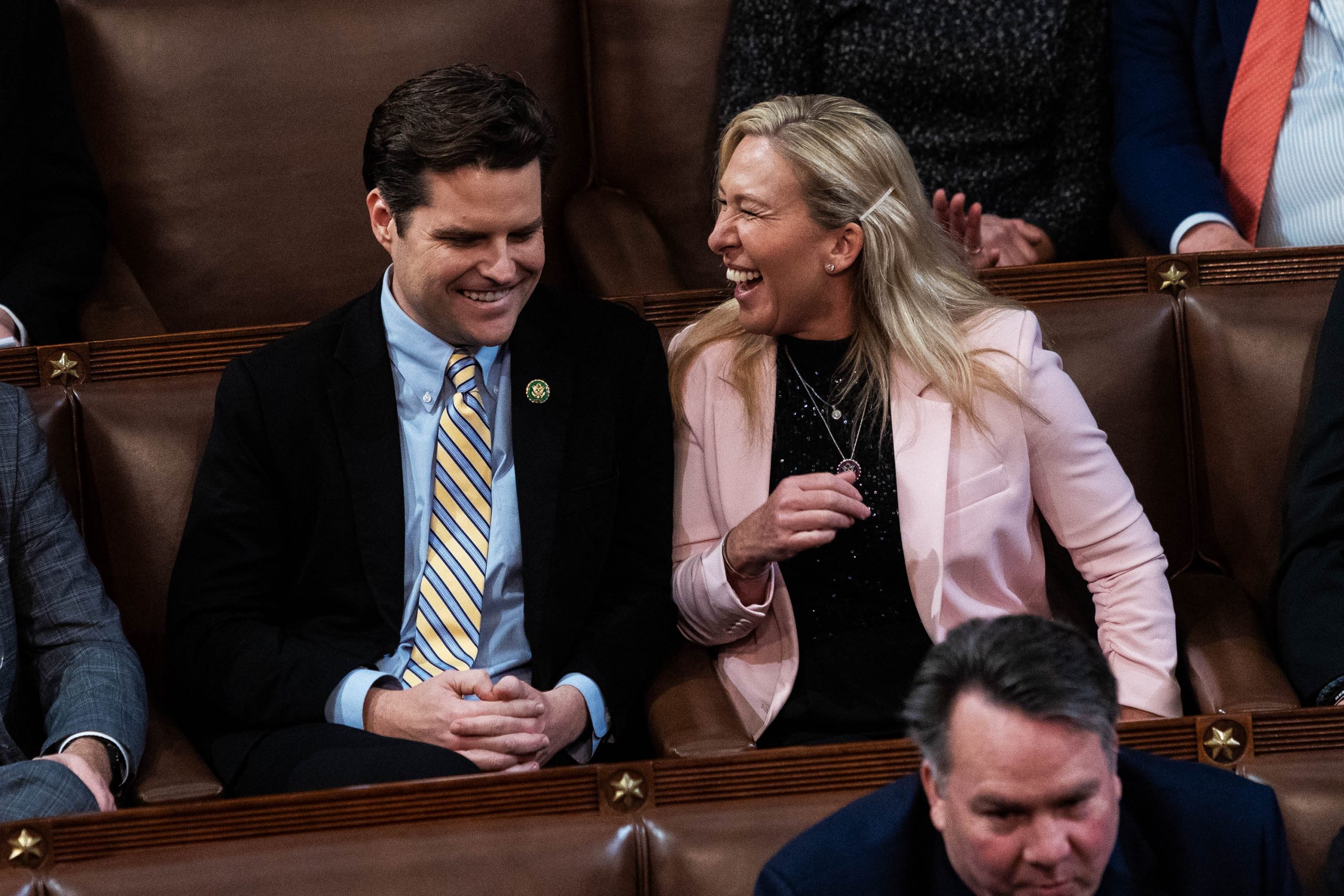 Rep.-elect Marjorie Taylor Greene of Georgia jokes with Rep.-elect Matt Gaetz of Florida,
on Thursday, Jan. 5, 2023, during the third day of elections for speaker of the House.